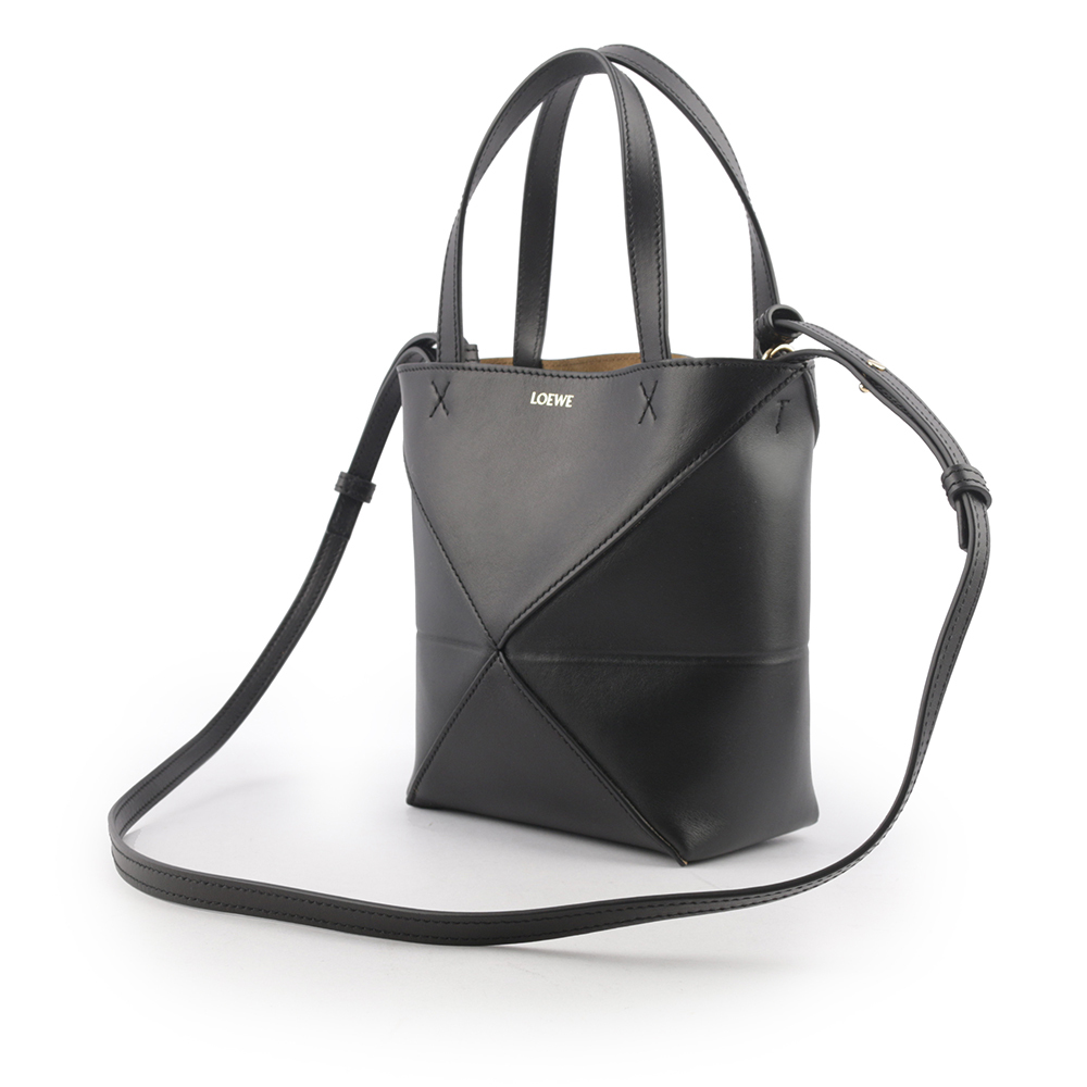【LOEWE】Puzzle 亮面小牛皮迷你摺疊托特包(黑色) A657V25X01 1100