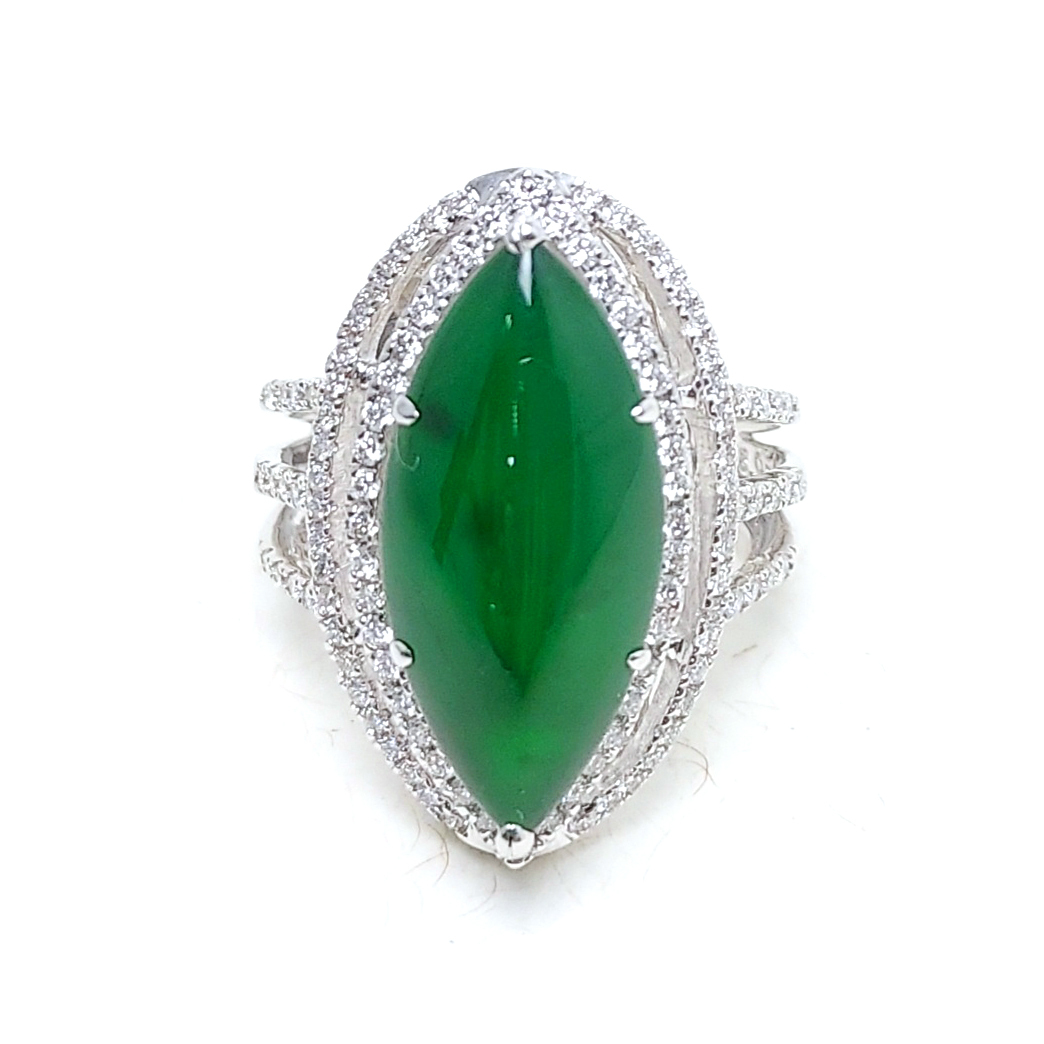 欖尖形翡翠三臂天然鑽石戒指