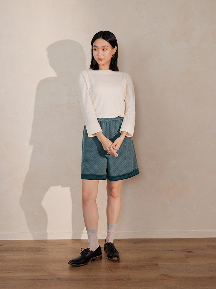 菱磚小釦翻折短褲-森曲