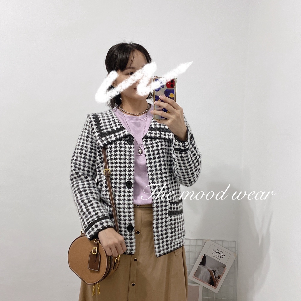 暖暖毛海好精神學院領千鳥格外套（白）