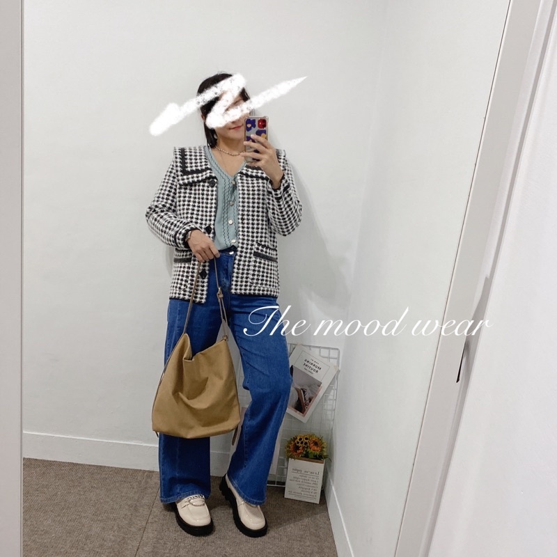 暖暖毛海好精神學院領千鳥格外套（白）