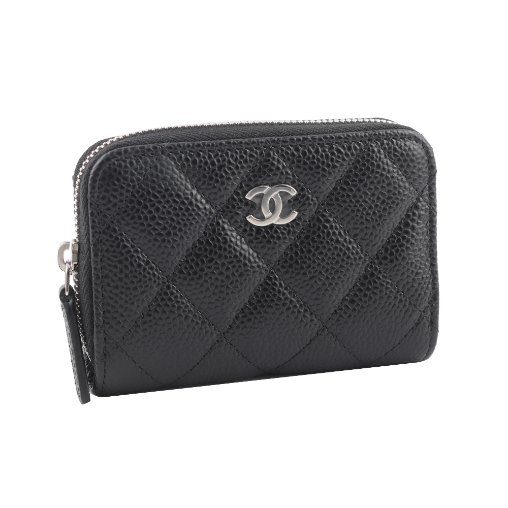 【CHANEL】銀色CC Logo 荔枝牛皮ㄇ形拉鍊零錢包(黑色) AP0216 Y01588 C3906