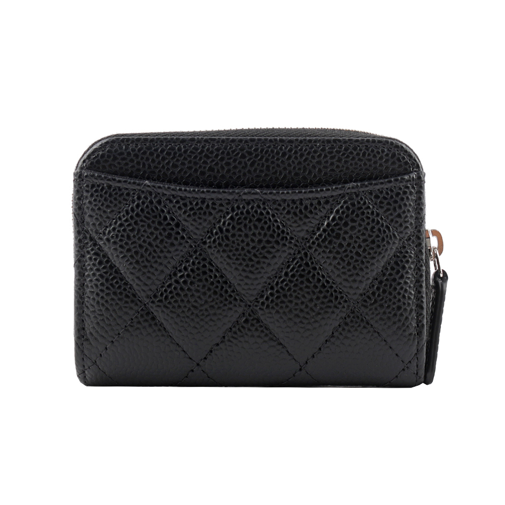 【CHANEL】銀色CC Logo 荔枝牛皮ㄇ形拉鍊零錢包(黑色) AP0216 Y01588 C3906