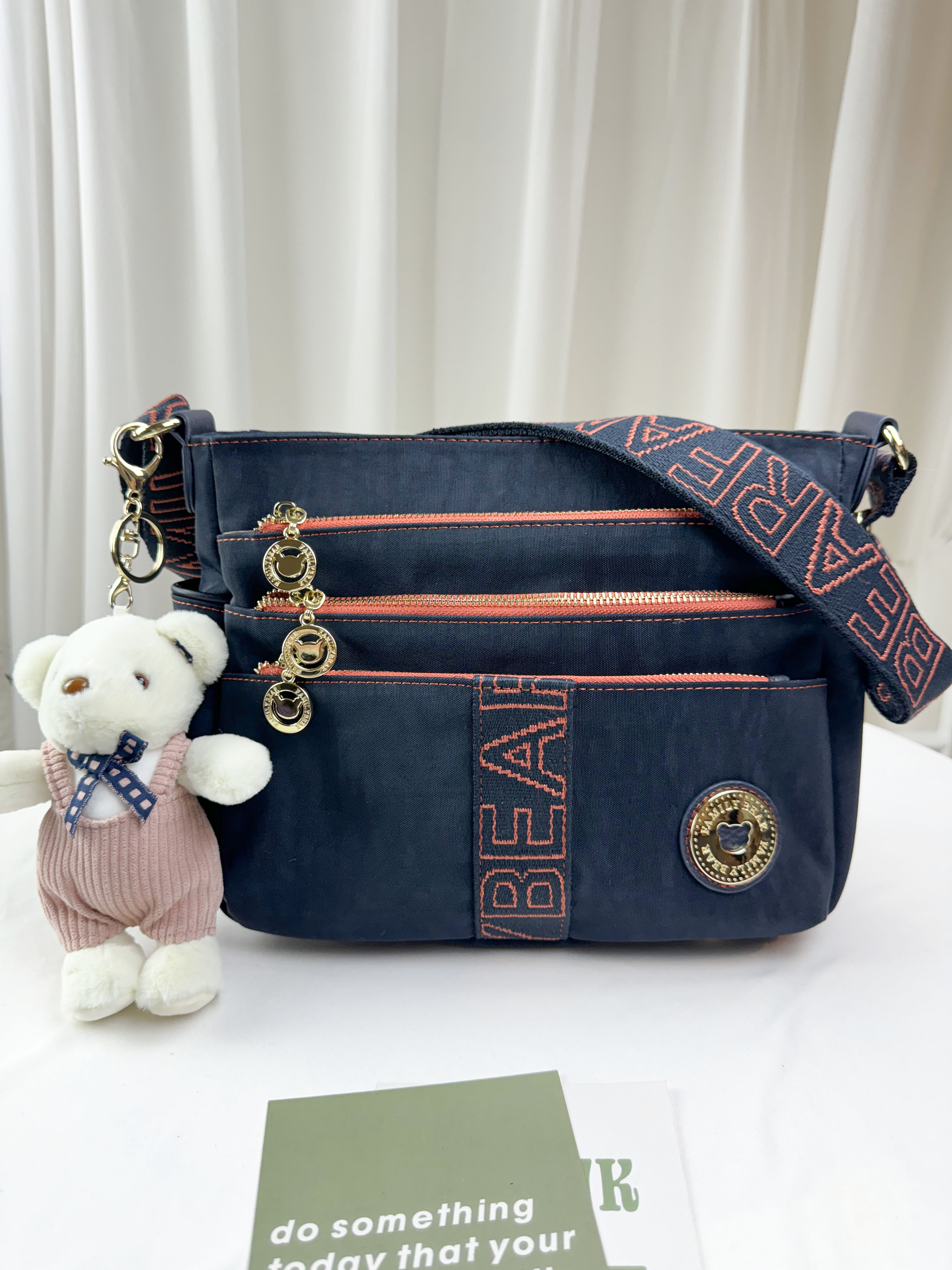 FamilyBear 藍橙織帶防潑水側背包 附兔兔吊飾 #2502