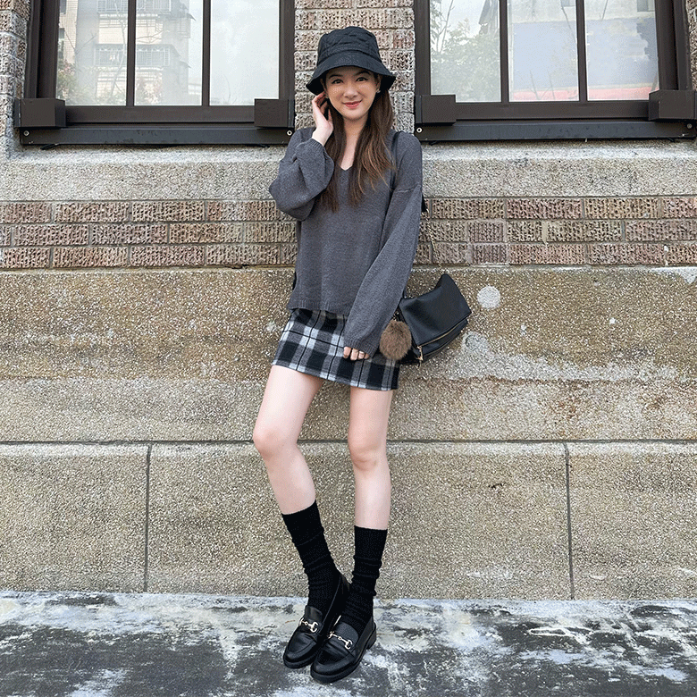 後鬆緊毛呢格子裙