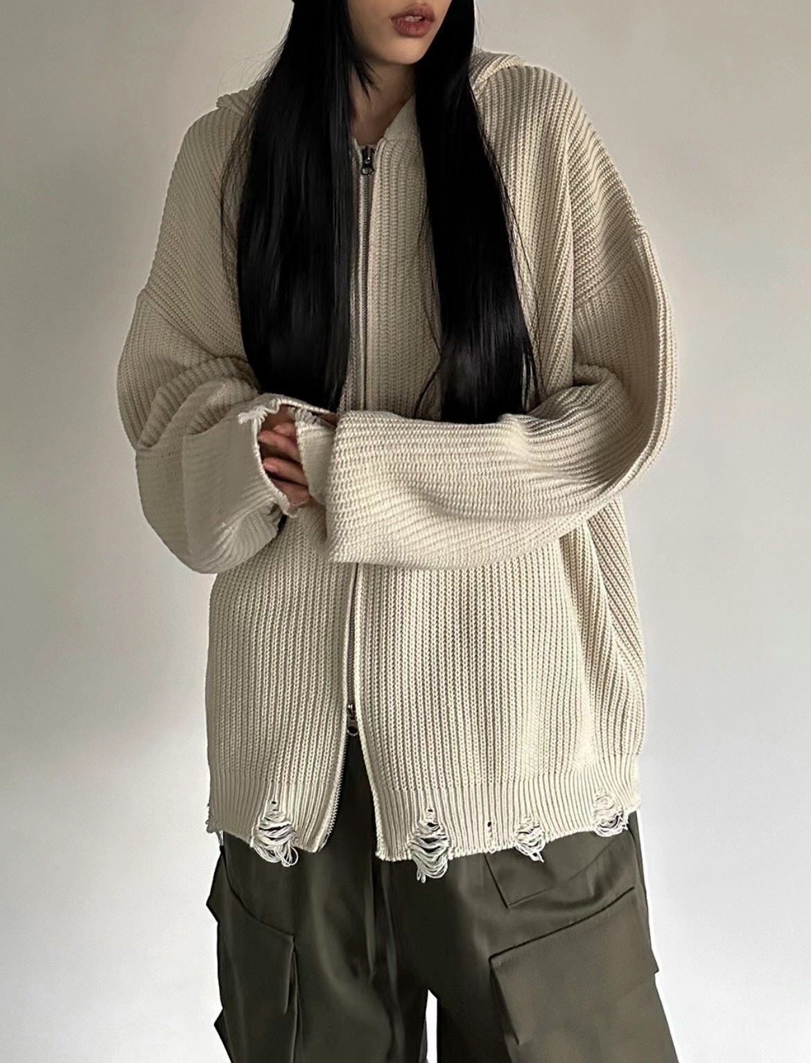 🇰🇷韓國 雙拉鍊 針織 刷破 外套