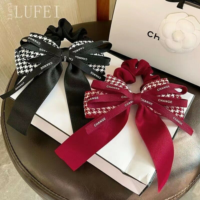 Y41千鳥格字母蝴蝶結綁髮