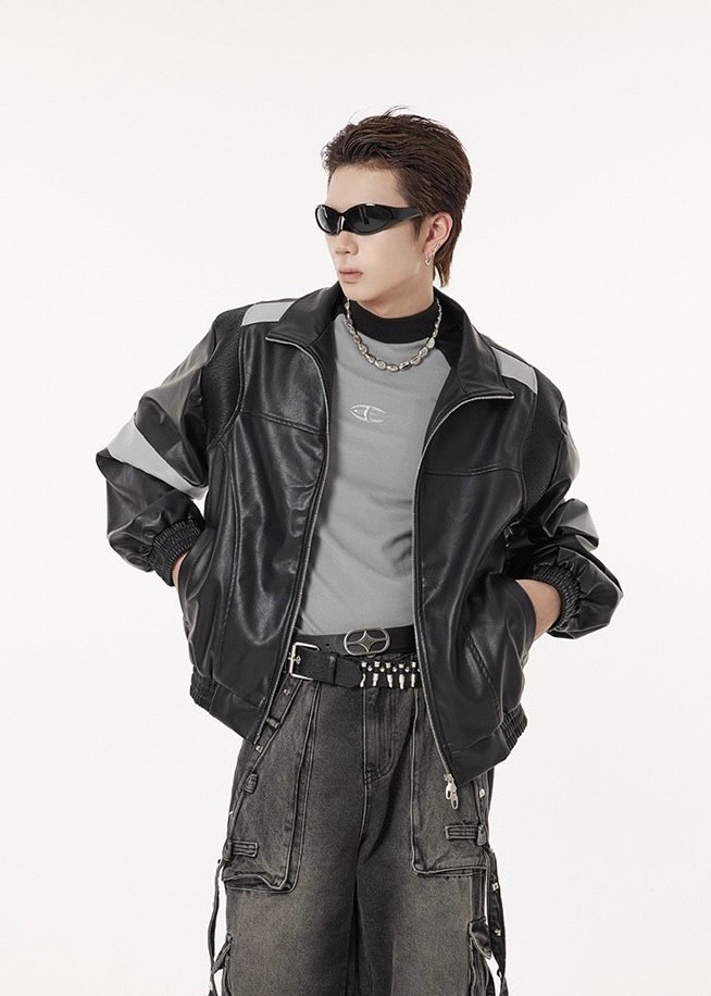 Evolvement EVO 拼接荔枝皮革夾克 皮外套 皮衣