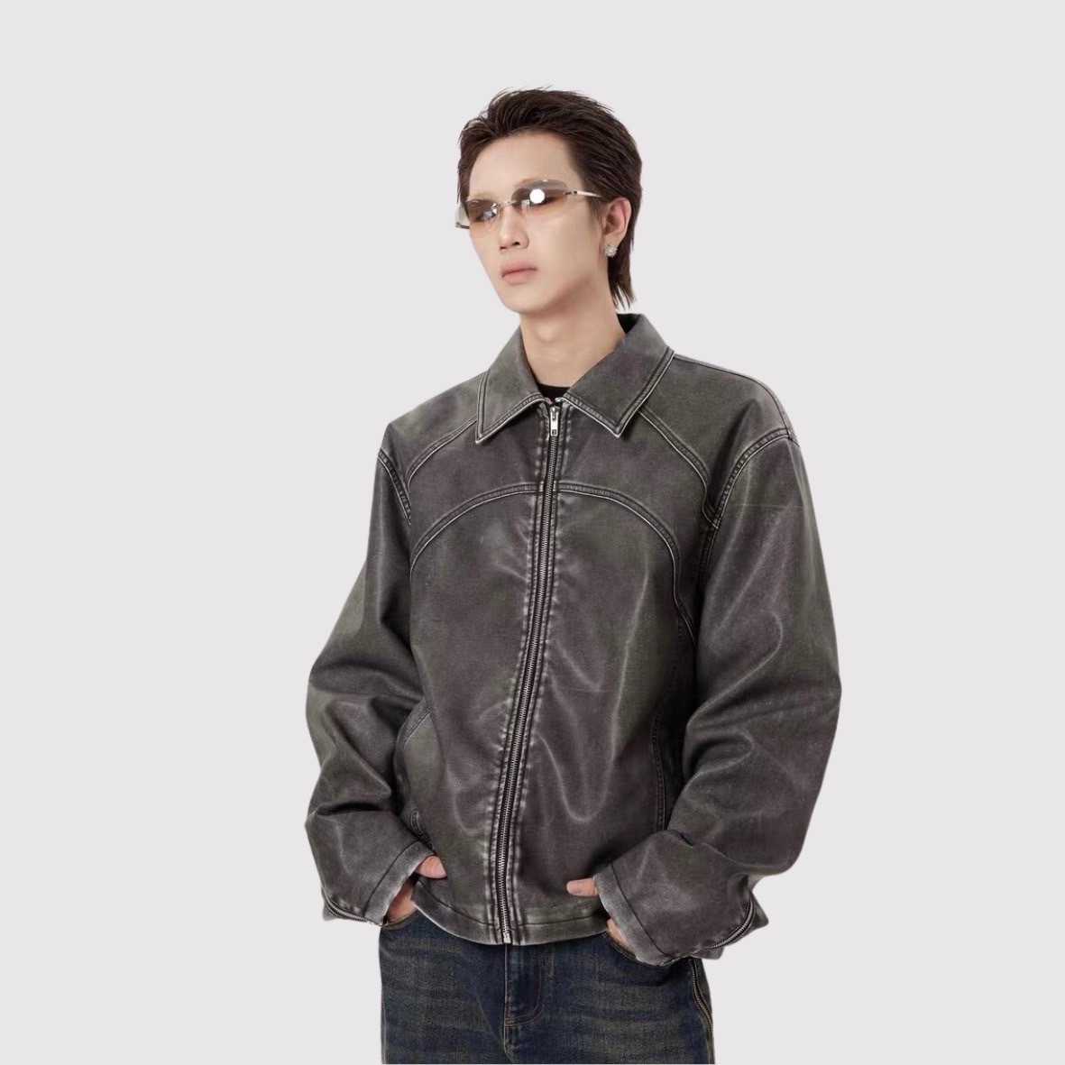 Evolvement EVO 做舊水洗紋皮革外套 翻領