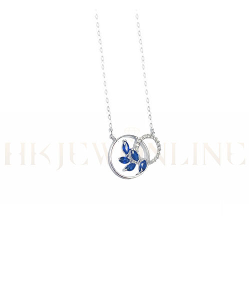 18K White Gold Sapphire Leaf Shape Diamond Necklace