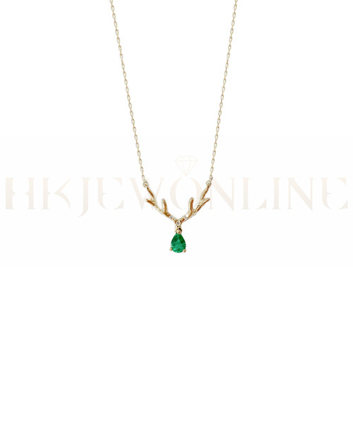 18K Yellow Gold Emerald Antlers Diamond Necklace