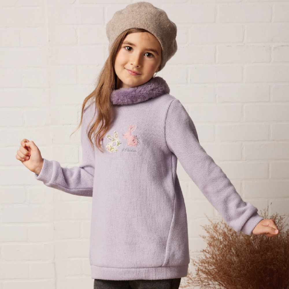 PIPPY 可愛小兔刺繡毛毛領圍長袖上衣 紫