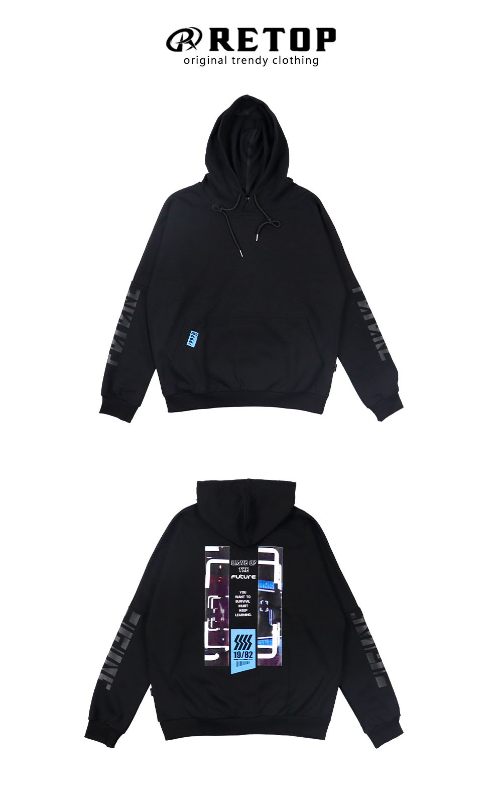 RETOP 賽博龐克 科幻效應寬版落肩帽T 黑
