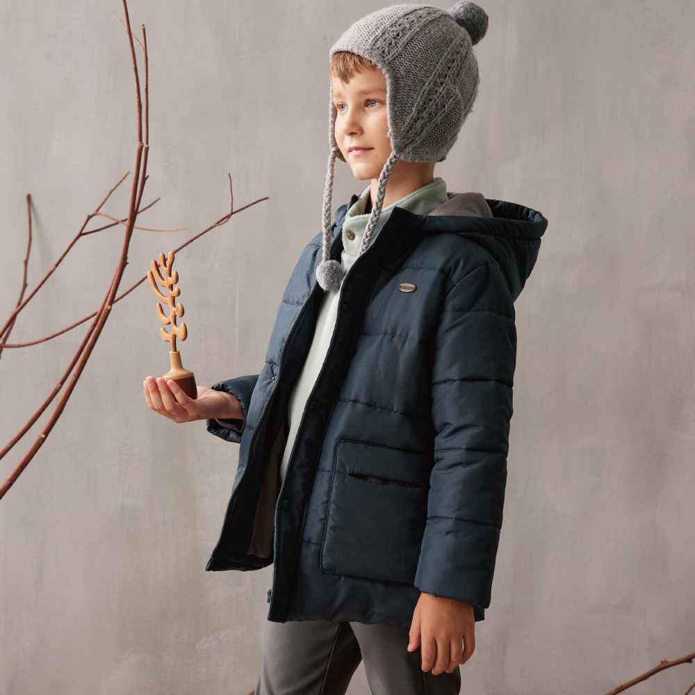 PIPPY 簡約暖暖大口袋風衣連帽舖棉外套 藍綠