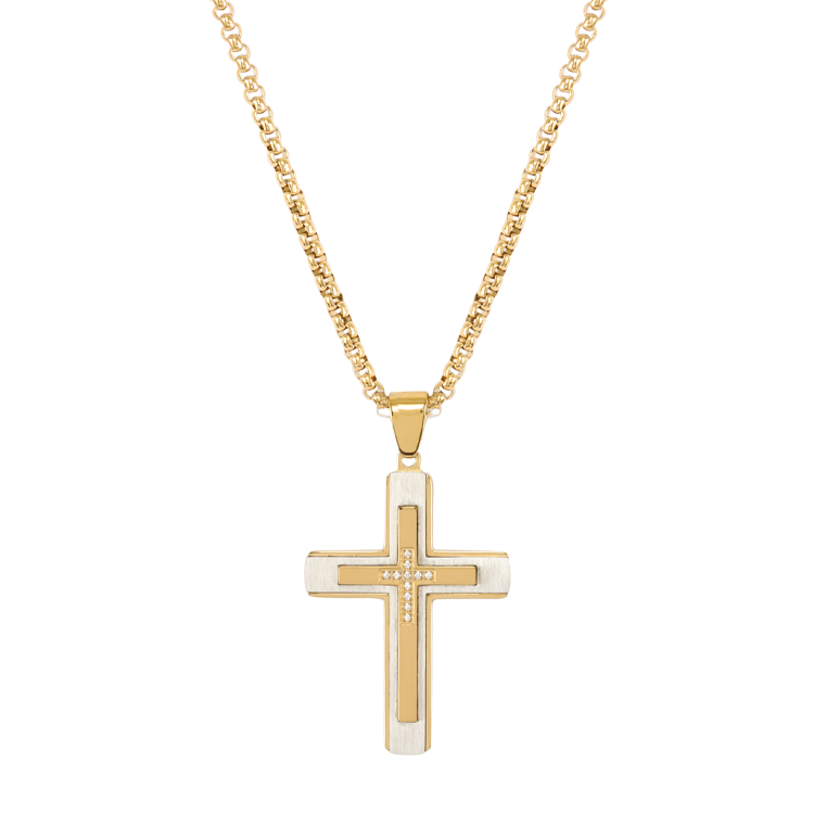 白鋼項鍊，男士項鍊 十字架cross；層次堆疊鑲鑽設計（3530金色）