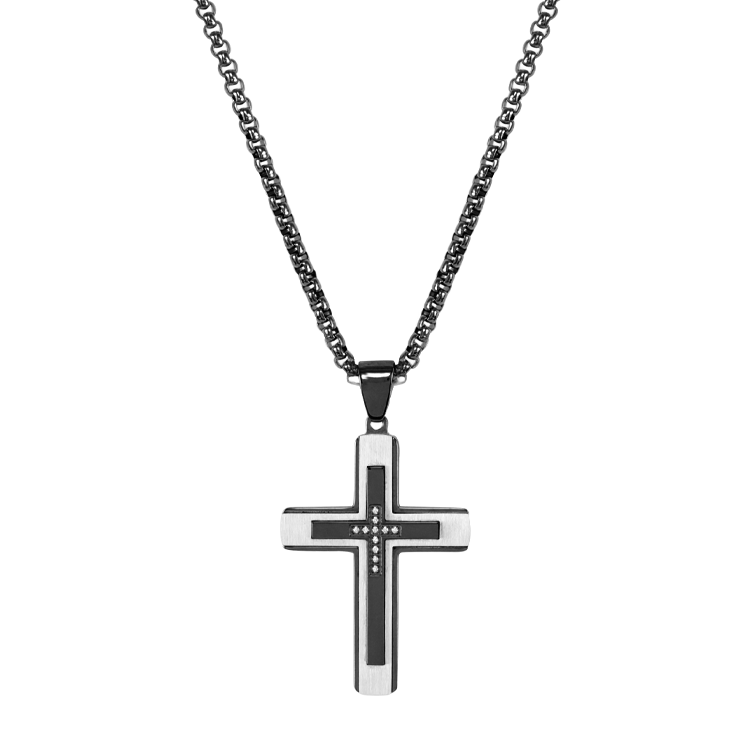 白鋼項鍊，男士項鍊 十字架cross；層次堆疊鑲鑽設計（3530黑色）
