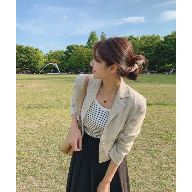 韓國Cherrykoko授權 質感亞麻微墊肩短版西裝外套