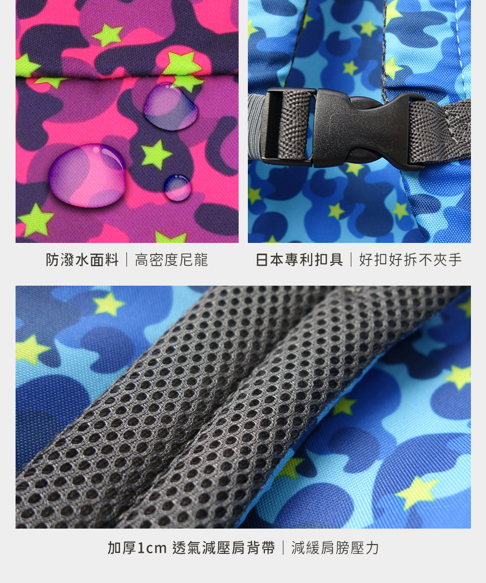 防潑水材質、日本NIFCO扣具、透氣背帶網布