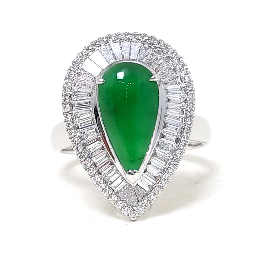 水滴形翡翠梯方天然鑽石戒指