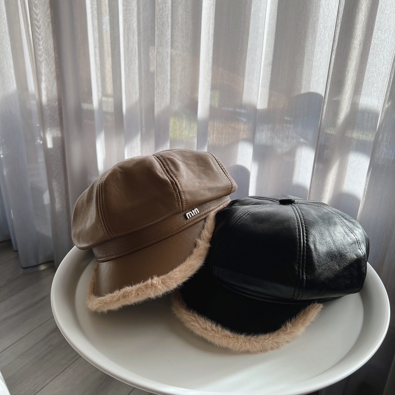 毛絨絨拼接皮革報童帽/兩款