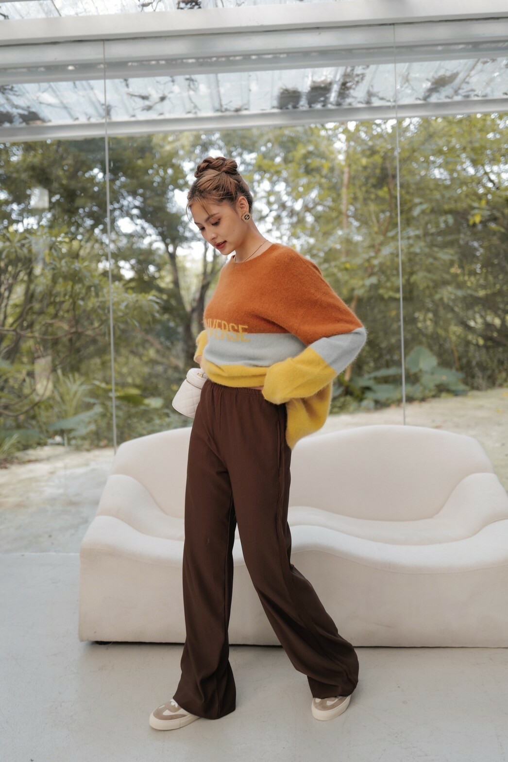 舒適細坑條寬褲_AMISSA（咖）