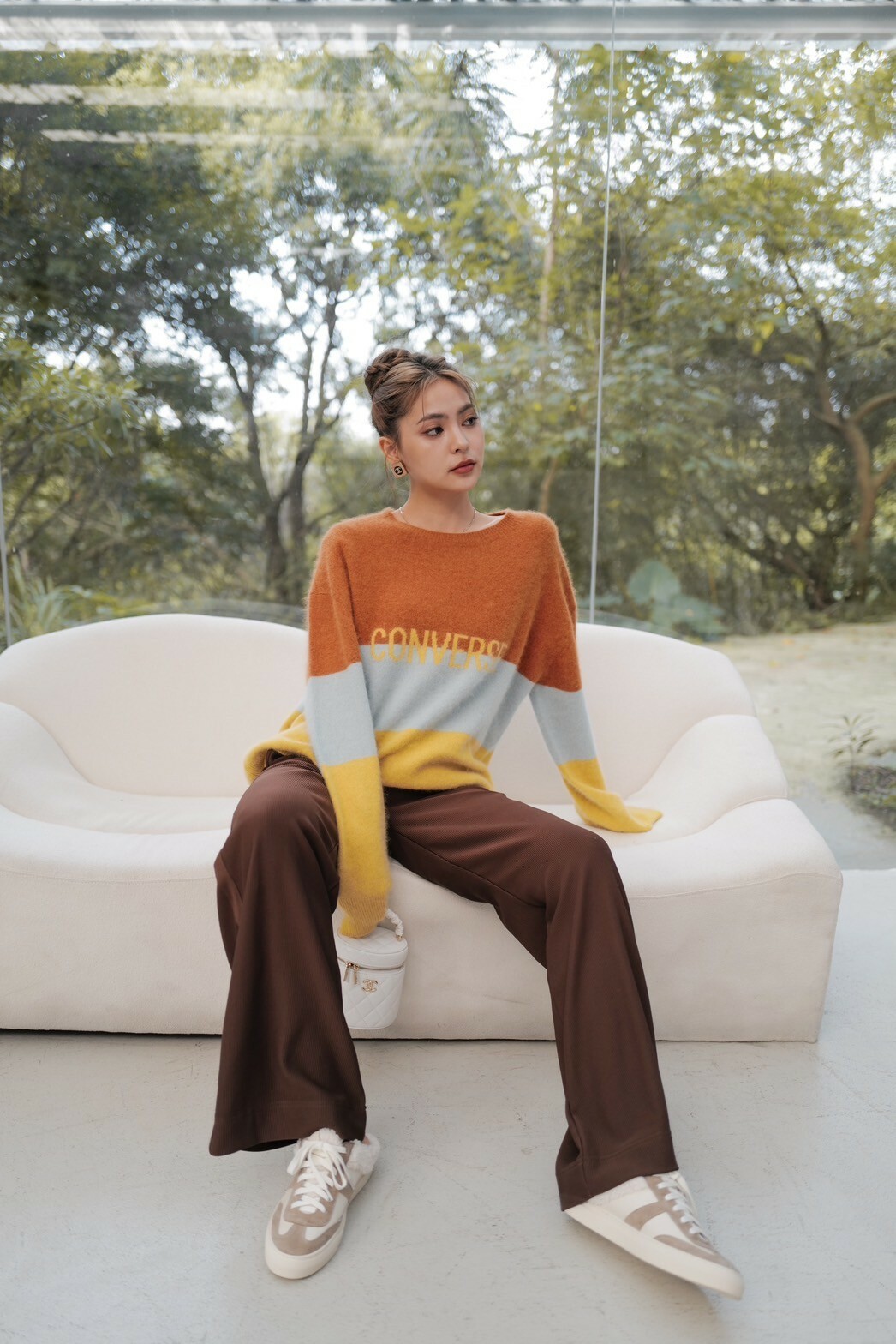 舒適細坑條寬褲_AMISSA（咖）