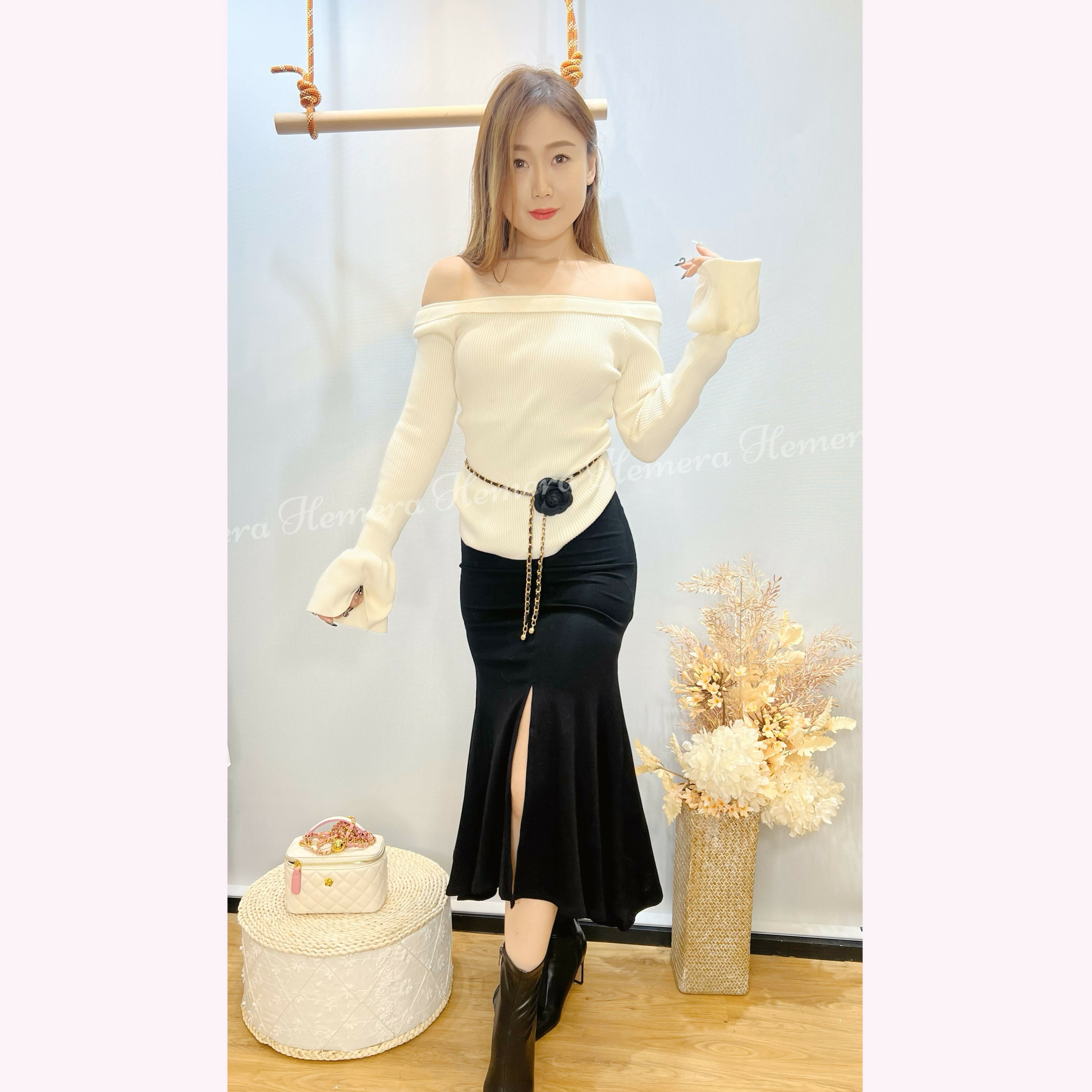 TP23W1109 玫瑰RUFFLES一字膊針織上身