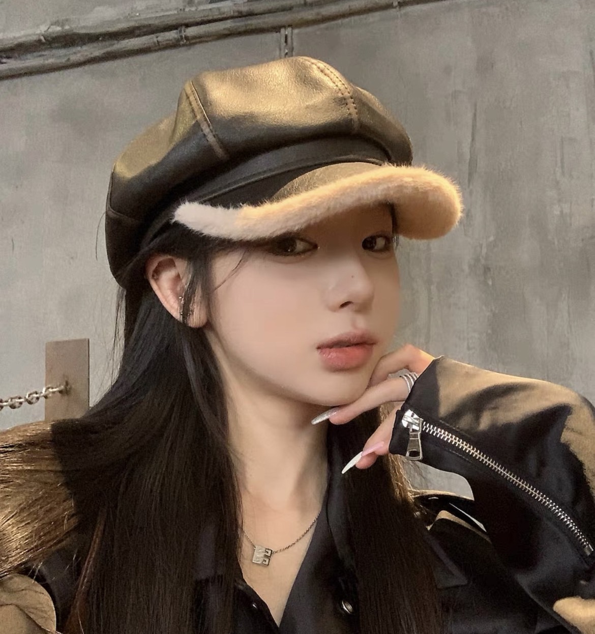 毛絨絨拼接皮革報童帽/兩款