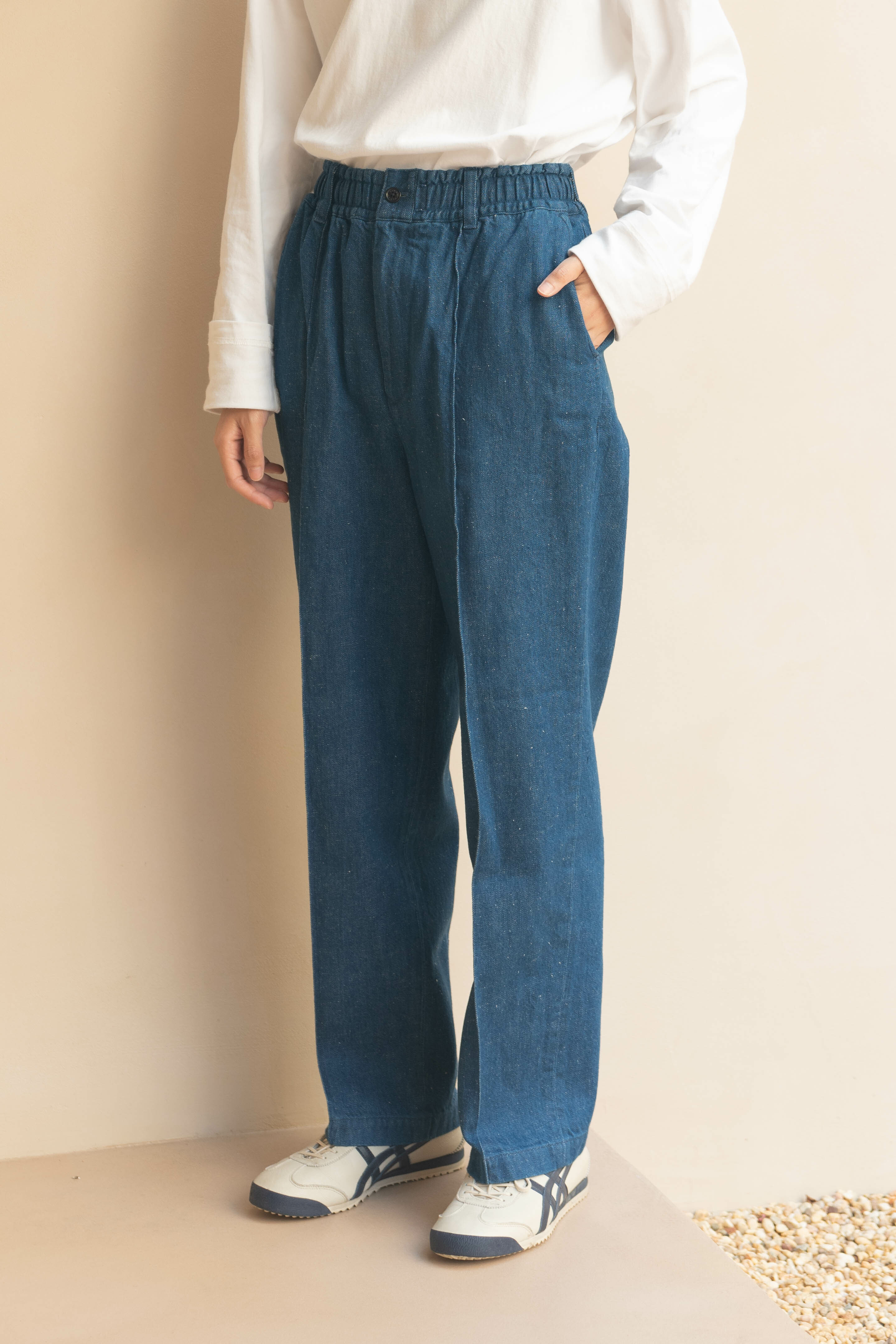 FARAH WOMEN'S WIDE TAPERED EASY PANTS -BLUE / LIGHT BLUE