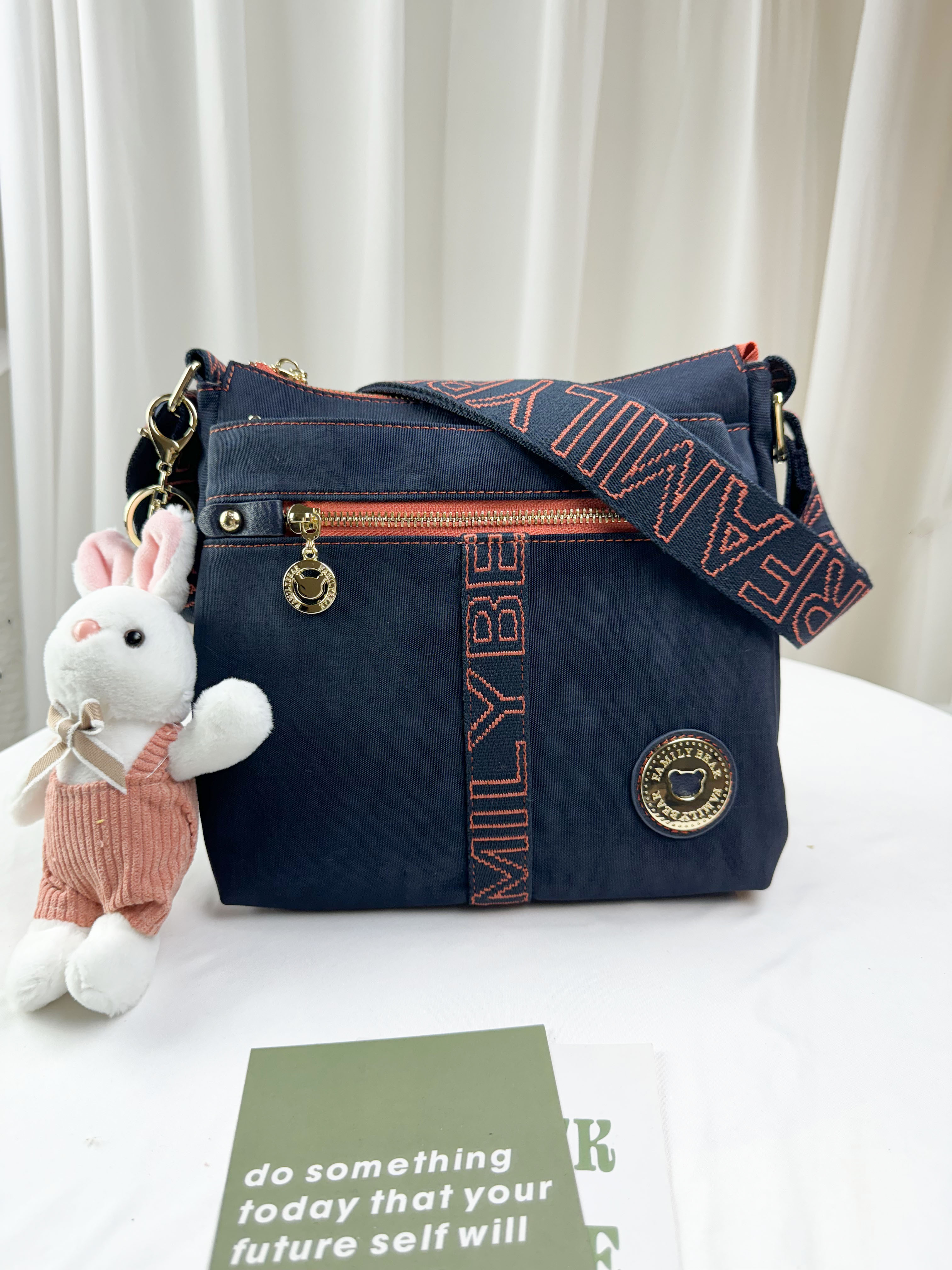 FamilyBear 藍橙織帶防潑水肩背包 / 側背包 附兔兔吊飾 #2676