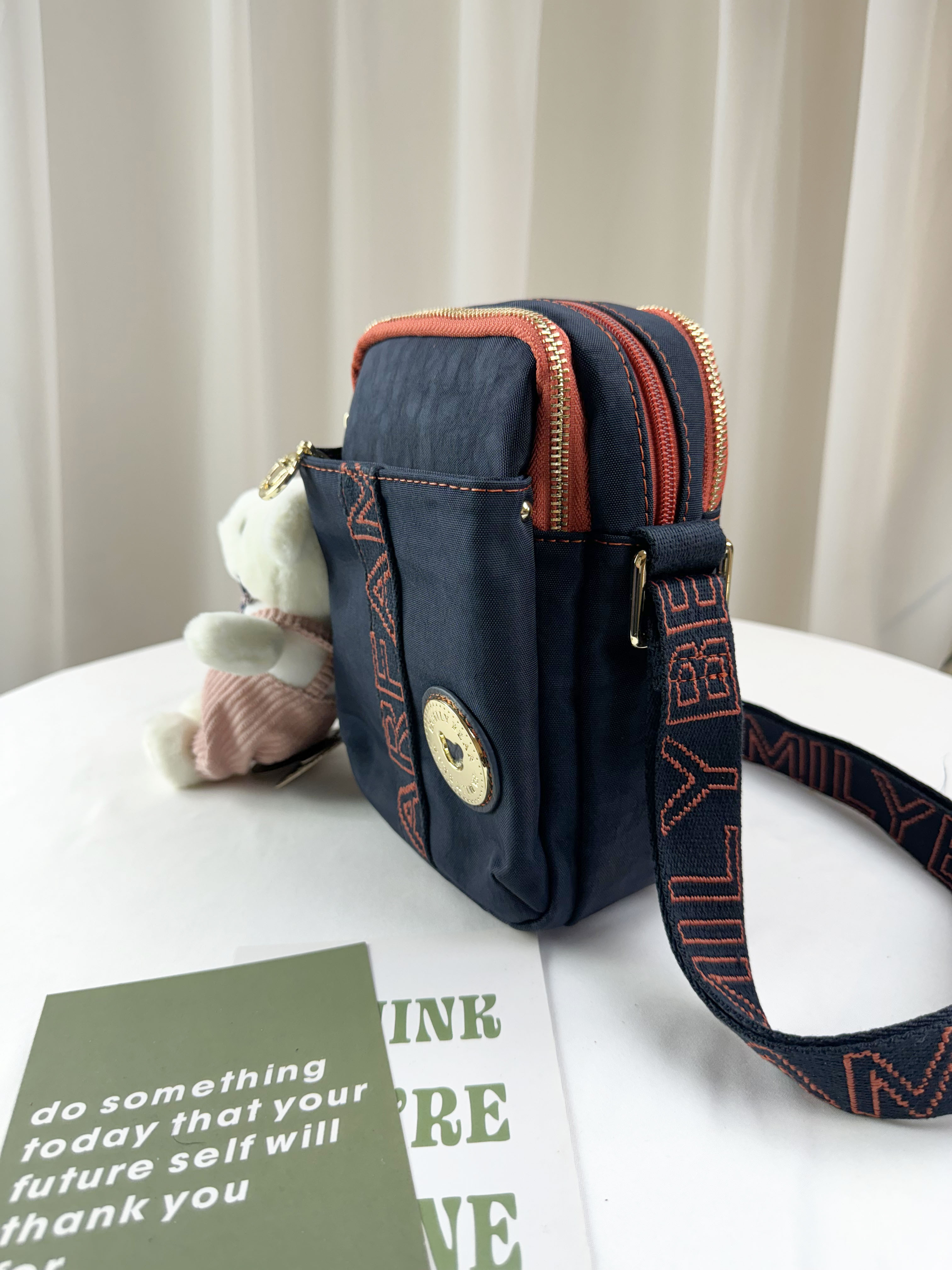 FamilyBear 藍橙織帶防潑水側背包 / 手機袋 附兔兔吊飾 #2499