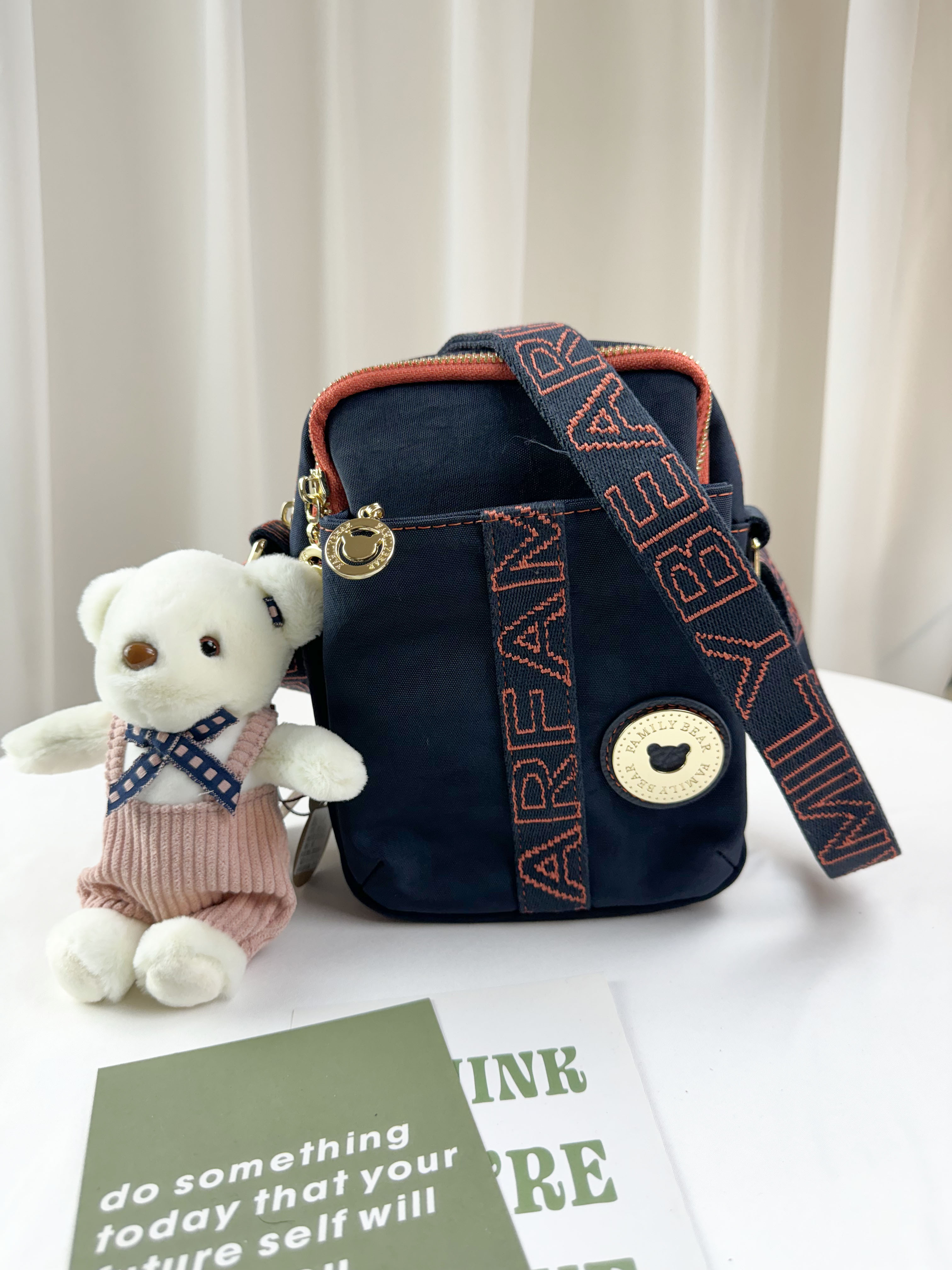 FamilyBear 藍橙織帶防潑水側背包 / 手機袋 附兔兔吊飾 #2499