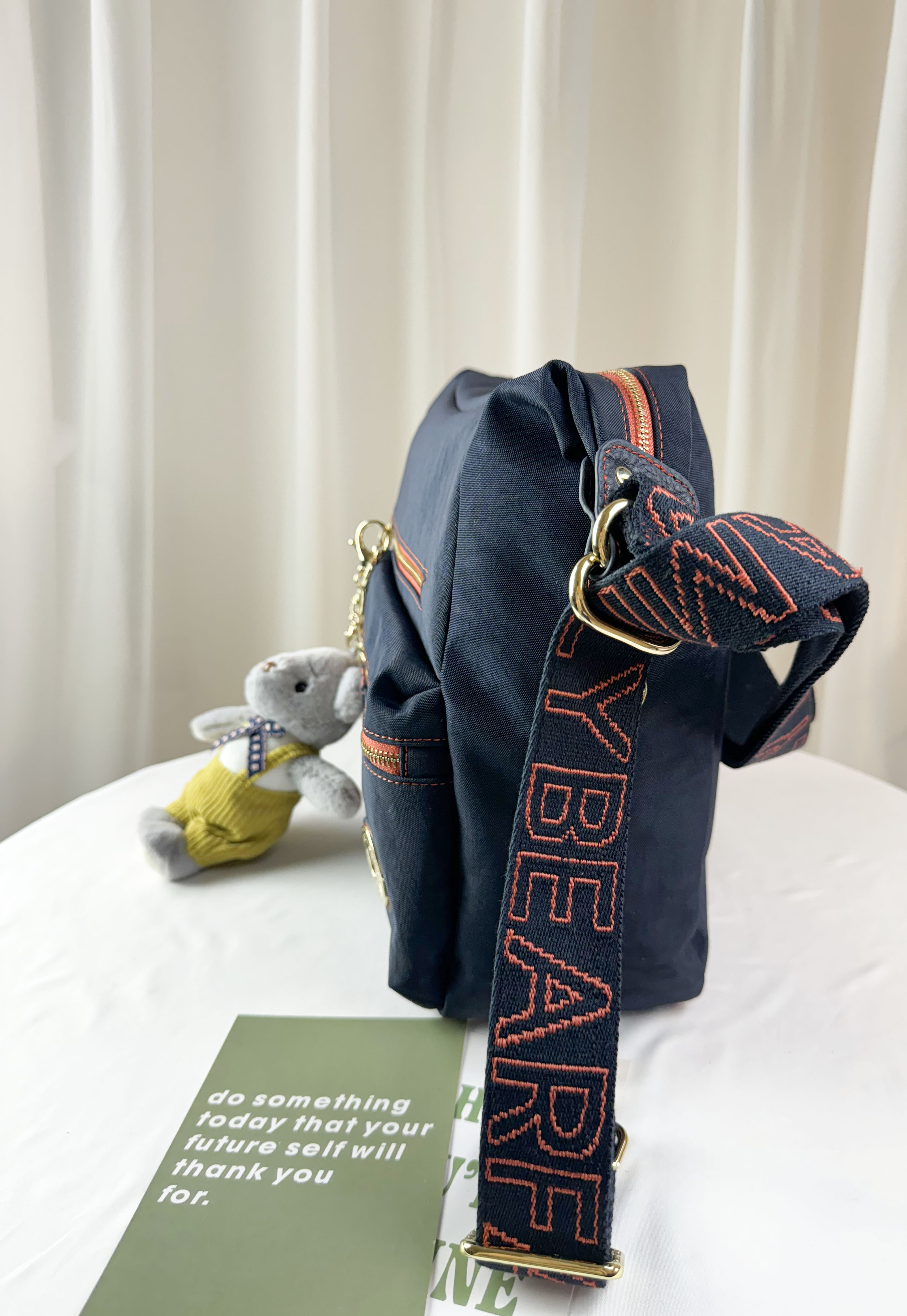 FamilyBear 藍橙織帶防潑水兩用肩背包 / 後背包 附兔兔吊飾 #2753