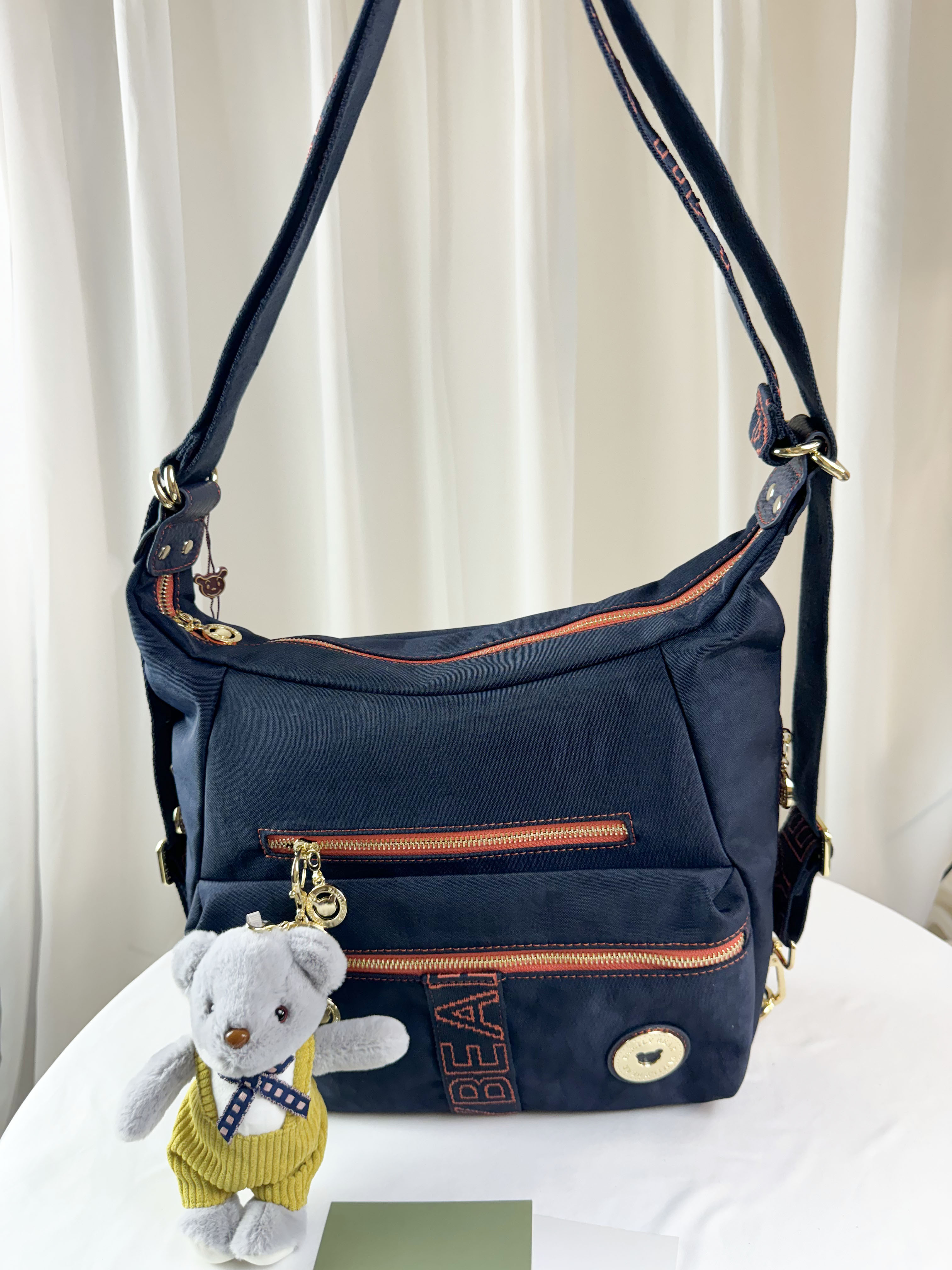 FamilyBear 藍橙織帶防潑水兩用肩背包 / 後背包 附兔兔吊飾 #2753