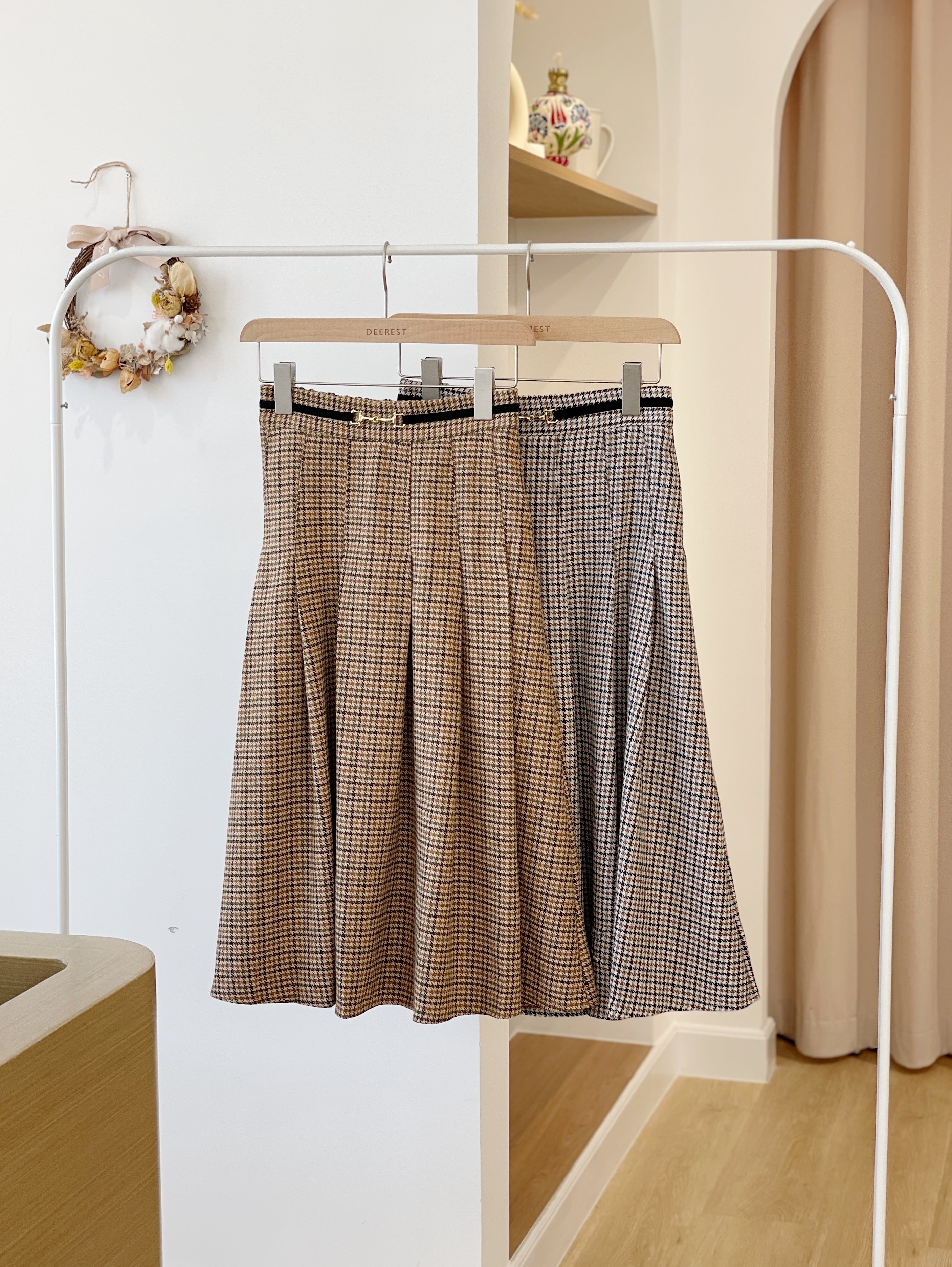 SK372 Houndstooth Belted Long Skirt