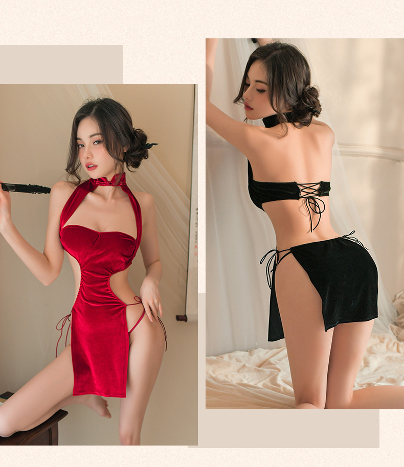 史黛絲,火辣金絲絨挖空高開衩旗袍,情趣內衣