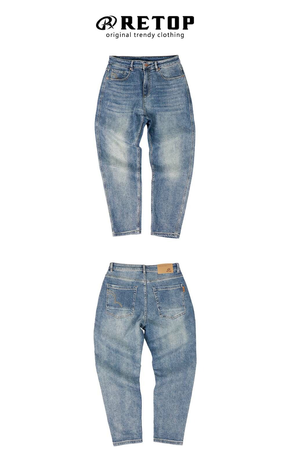 RETOP 牛仔系列 俐落刷色寬版彈力牛仔褲 藍