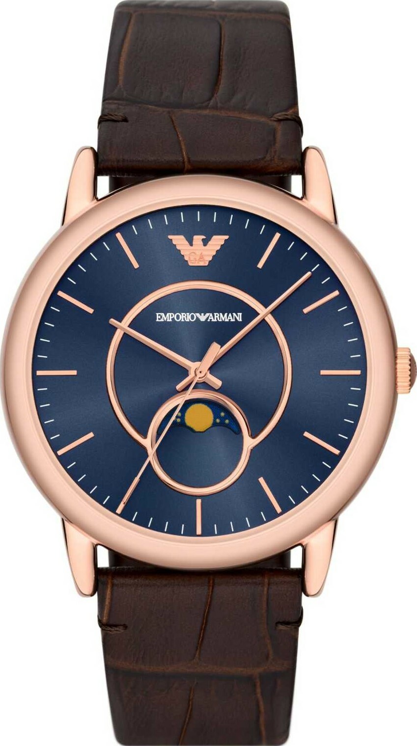 萬年鐘錶 - ARMANI  精品腕錶  簡約時尚月相棕色皮革男錶  AR11566  錶徑43MM