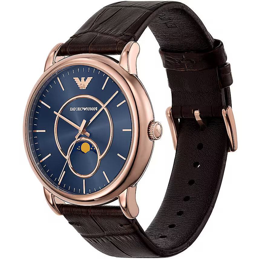 萬年鐘錶 - ARMANI  精品腕錶  簡約時尚月相棕色皮革男錶  AR11566  錶徑43MM