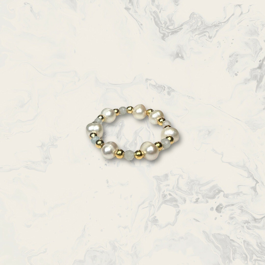 韓國直送戒指 可調式 交錯排列淡水珍珠+藍水晶 彈力繩