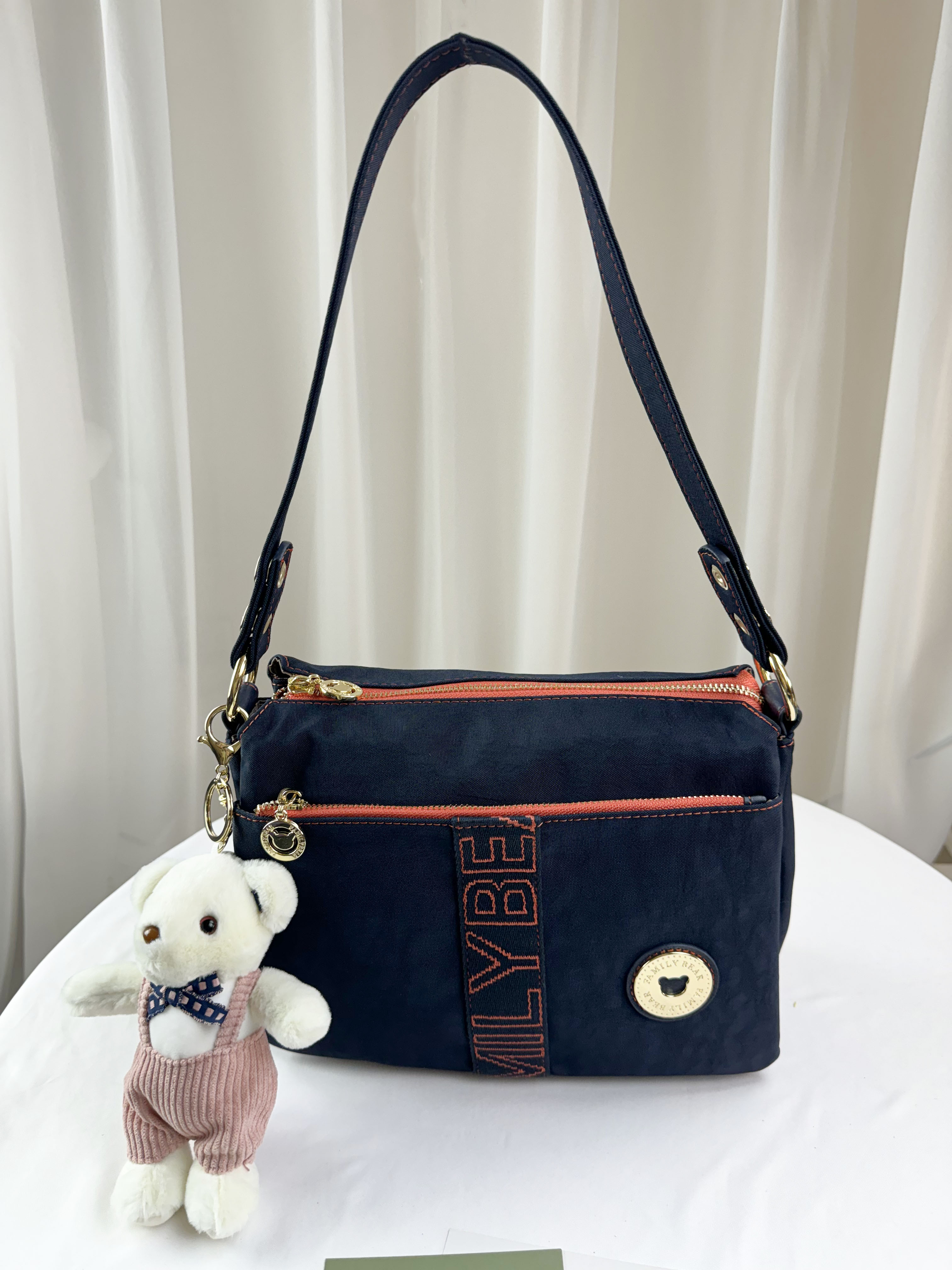 FamilyBear 藍橙織帶防潑水肩背包 / 側背包 附兔兔吊飾 #29259