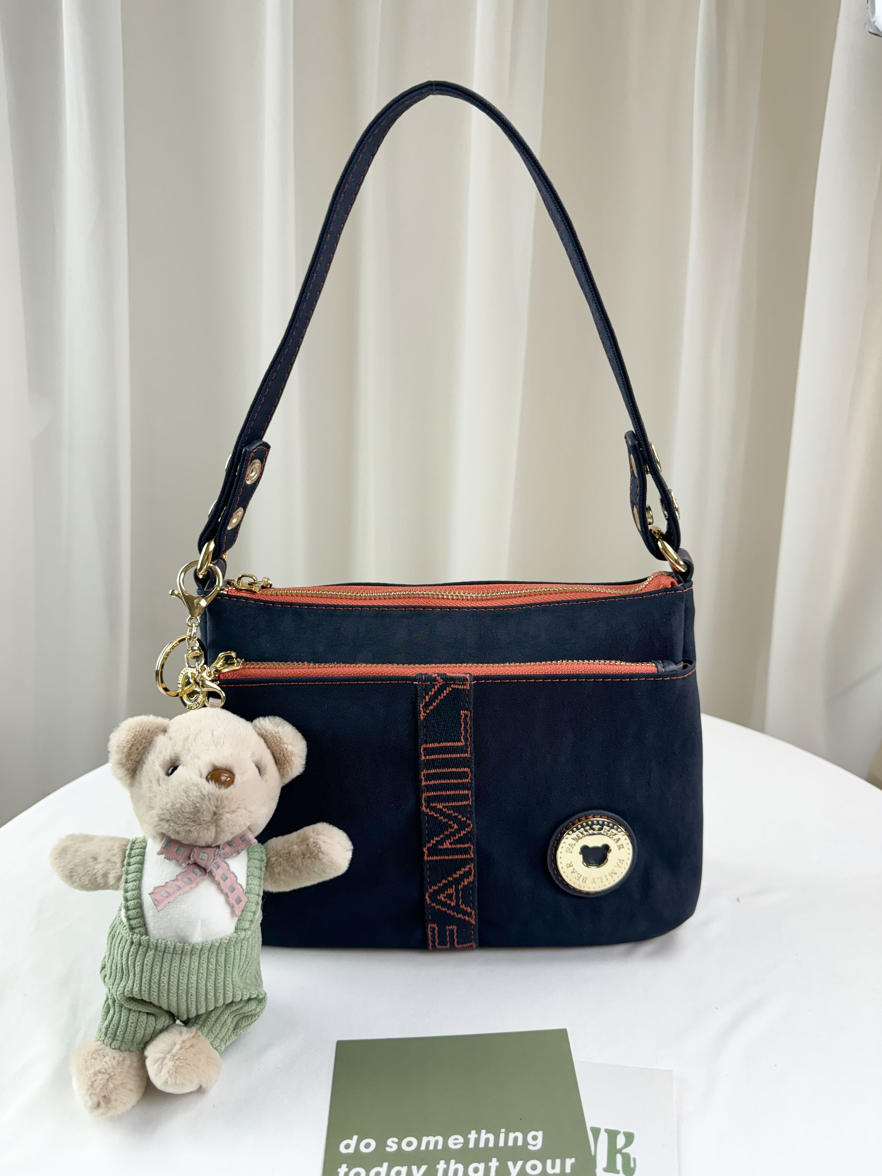 FamilyBear 藍橙織帶防潑水肩背包 / 側背包 附兔兔吊飾 #2563