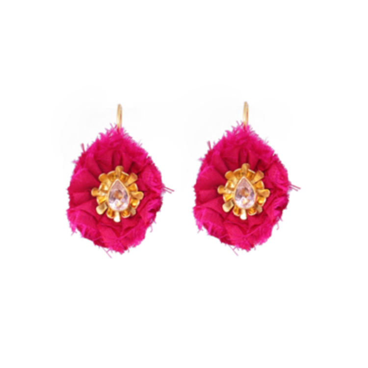 牡丹花落真絲垂墜耳環-桃紅色