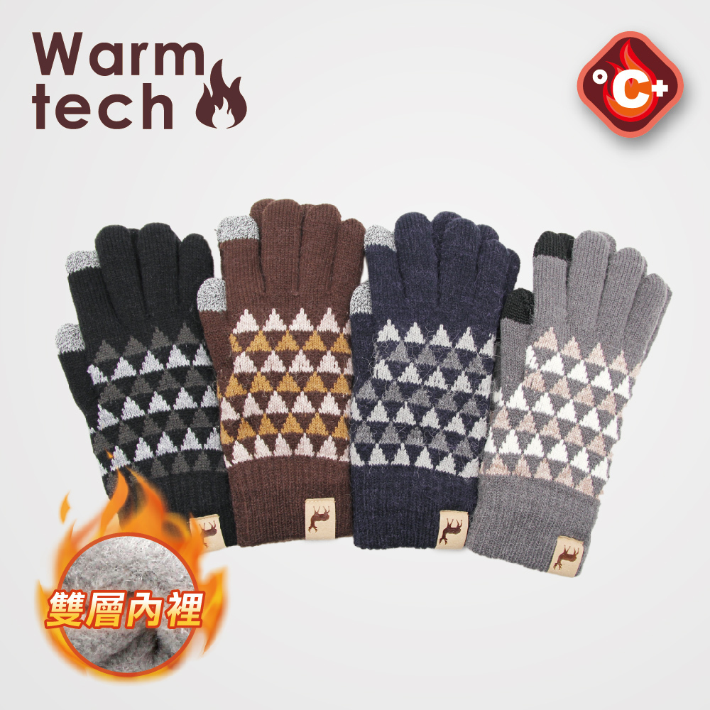 【肌暖】台灣製 男士幾何麋鹿皮標雙層觸控手套丨M5297TE