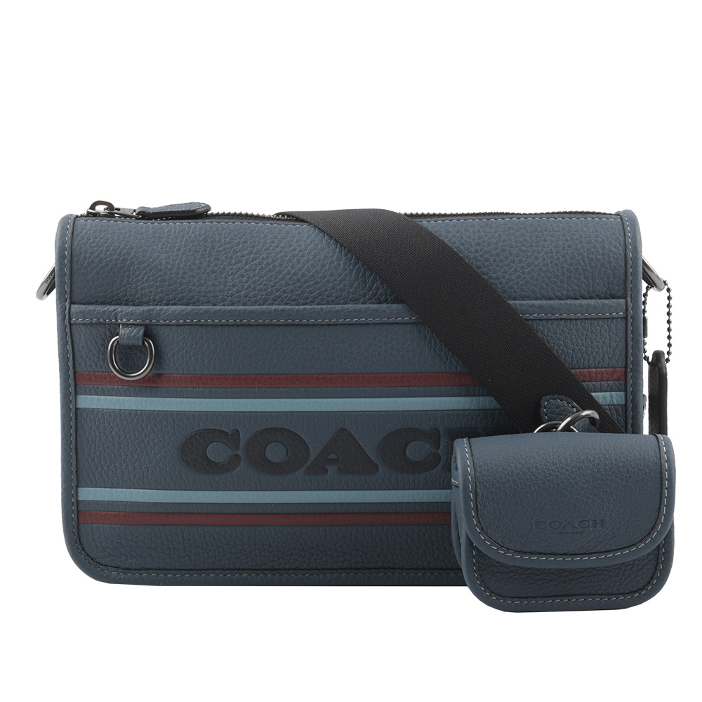 【COACH】Heritage 條紋荔枝皮革附小袋斜背包(單寧藍) CG998 QBDEI