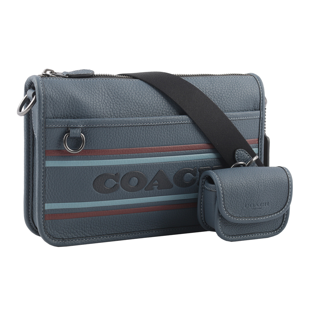 【COACH】Heritage 條紋荔枝皮革附小袋斜背包(單寧藍) CG998 QBDEI