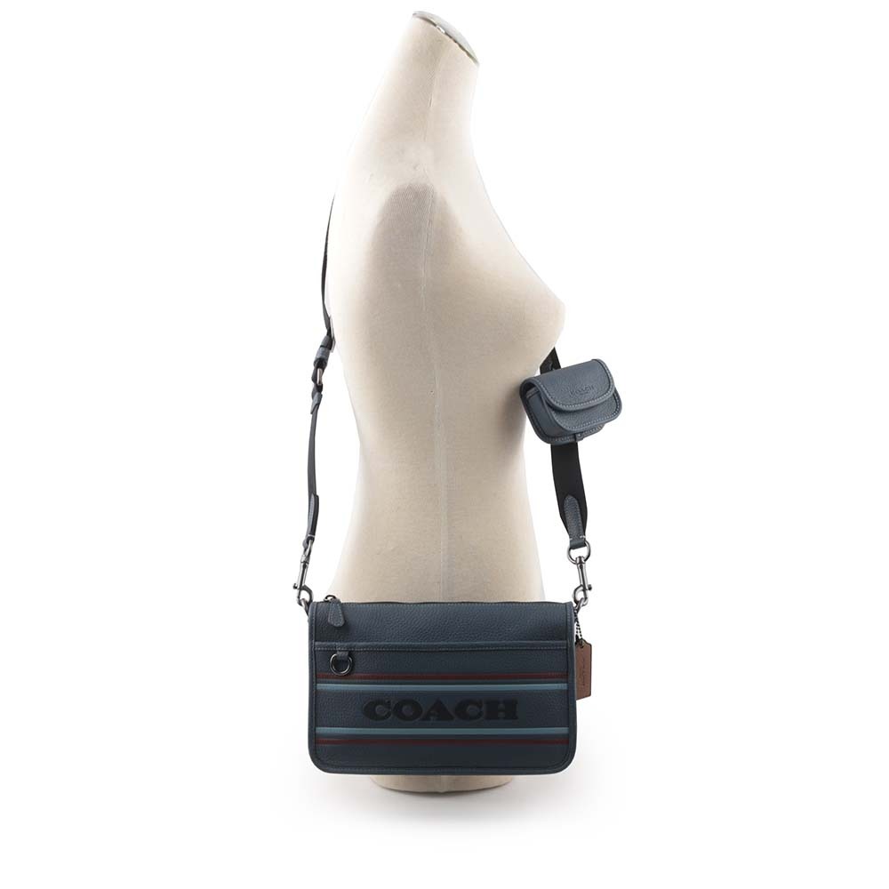 【COACH】Heritage 條紋荔枝皮革附小袋斜背包(單寧藍) CG998 QBDEI