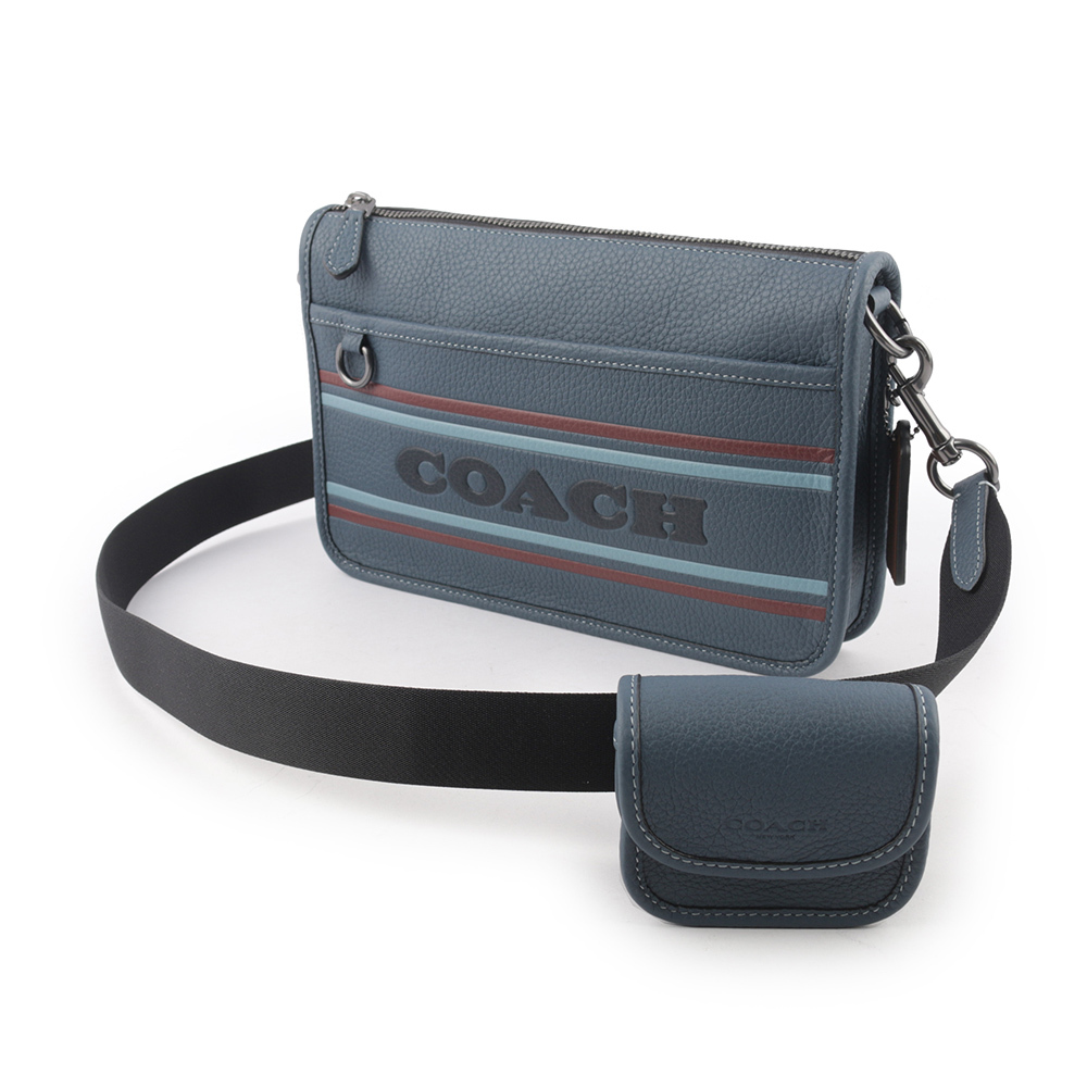 【COACH】Heritage 條紋荔枝皮革附小袋斜背包(單寧藍) CG998 QBDEI