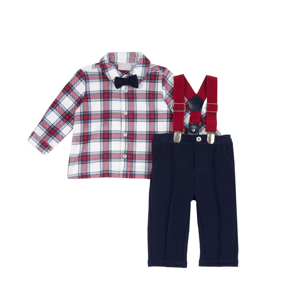 格紋襯衫+活動吊帶長褲套裝