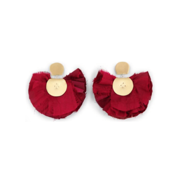 扇形花朵真絲耳環-紅色